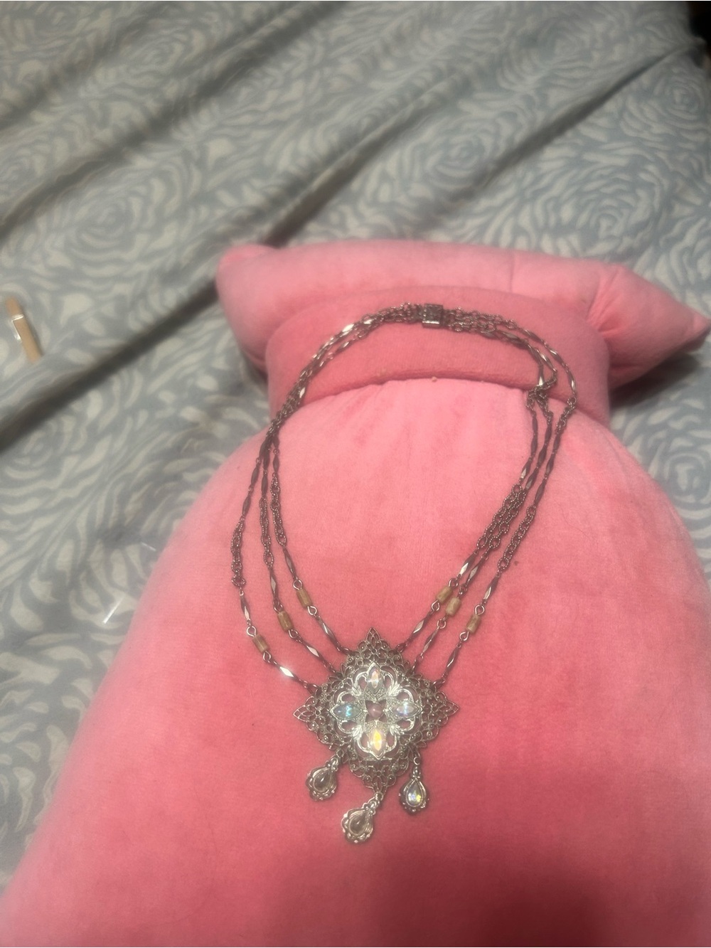 Vintage-Inspired Silver Multi-Strand Crystal Pendant Necklace - Pink Accents